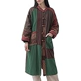 FioraMosaic Women's Quilted Color Block Patchwork Coat Vintage Long Trench Coat with Frog Buttons Pockets Warm Winter Jacket
