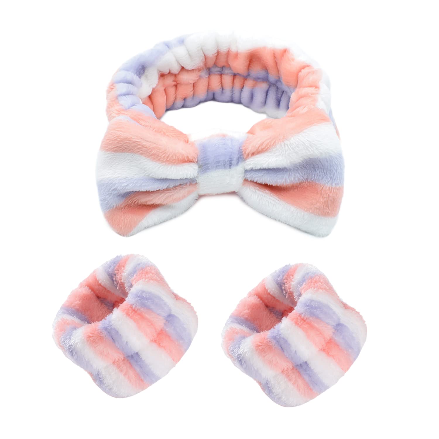 3 PCS Spa Headband and Wrist Washband Set, Soft Elastic Hair Band, Coral Velvet, Portable Waterproof, Face Wash, Butterfly Tie