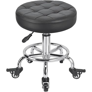 Adjustable Rolling Garage Stool – PU Leather Swivel Seat – For Mechanic Workshop Salon – Caster Wheels