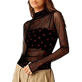 Sheer Mesh Long Sleeve Layering Top for Women Mock Neck Heart Lace See Through Tee Shirt Undershirt Valentines Day Tops