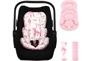 Jundetye Infant Car Seat Insert Girls, Soft Car Seat Head Support Baby & 2 Strap Pads, Preemie Newborn Carseat Insert Reversible Fits for Stroller, Baby Swing, Rocker, Bassinets, Bouncer, Pink Rose