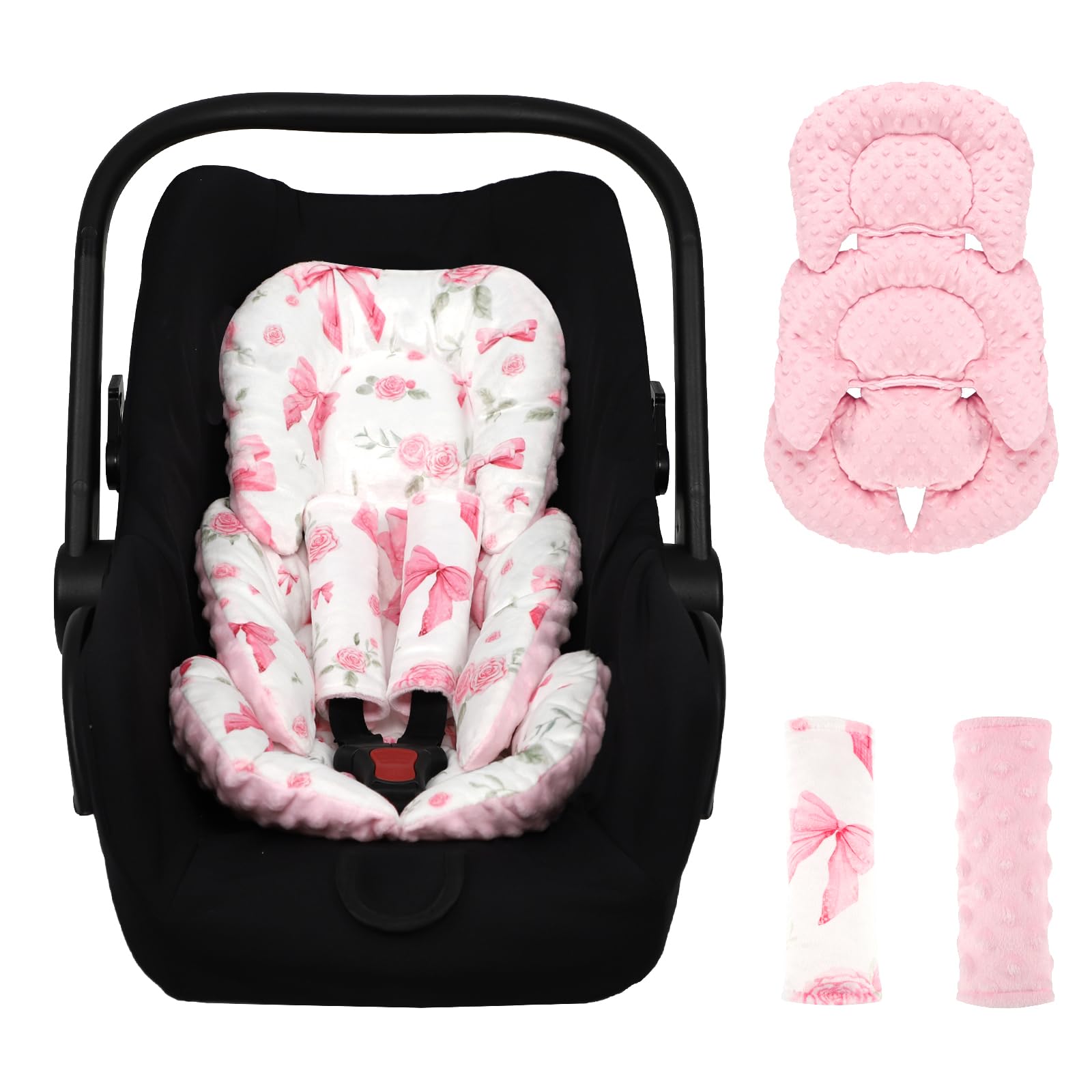 Photo 1 of Jundetye Infant Car Seat Insert Girls, Soft Car Seat Head Support Baby & 2 Strap Pads, Preemie Newborn Carseat Insert Reversible Fits for Stroller, Baby Swing, Rocker, Bassinets, Bouncer, Pink Rose