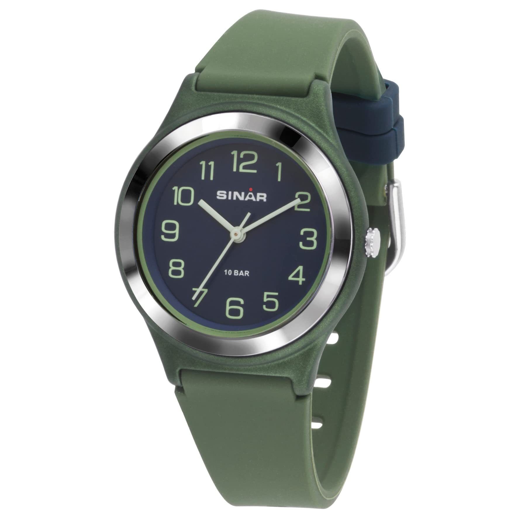 SINAR Boys Watch Youth Sports Watch Fitness Analogue Quartz 10 Bar Waterproof Olive Green Blue XB-48-3, Olive Green, Strap.