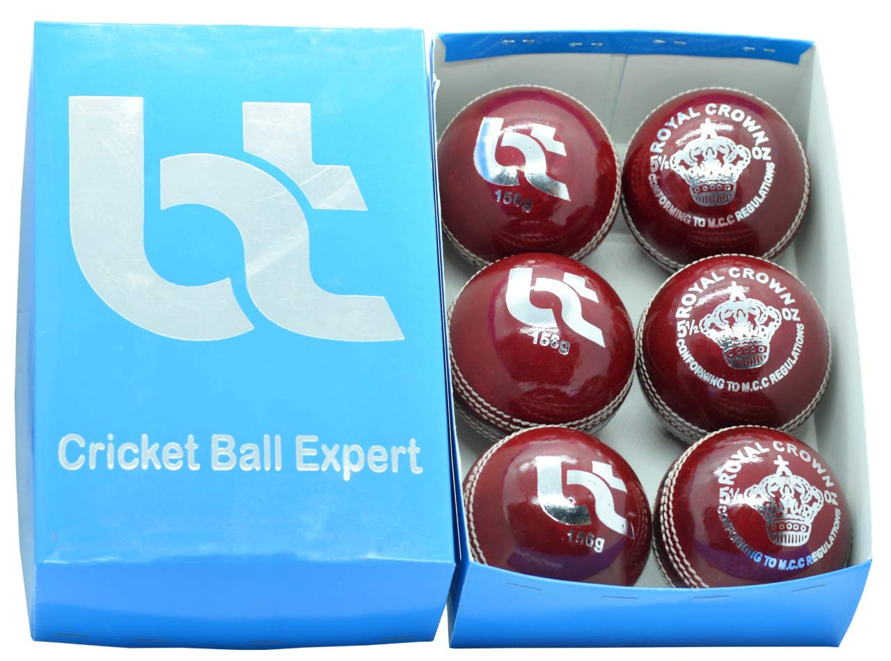 BT Red Cricket Ball - Pack of 6 Genuine Leather Cricket Balls for International Standard Cricket and Practice | Bat-Friendly Hard Cricket Ball Made from Sustainable Sources | 156g 2 piece