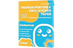 Colemoly Sticker Paper Clear Printable Vinyl for Inkjet Printer-25 Transparent Dry-Quick Sheets of 8.5’’x11’’ Decals and Labels Self-Adhesive Non-Waterproof Papers Tear Resistance Bright Color for DIY