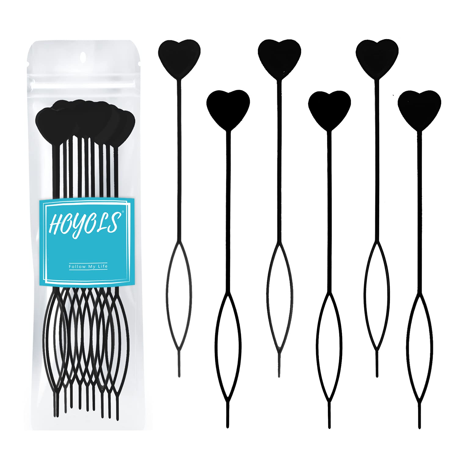 Hoyols 12pcs Quick Topsy Tail Hair Beader for Braiding Beads, Loop Threader Ponytail Hair Styling Maker for Kids Girls Set of 12 - Black