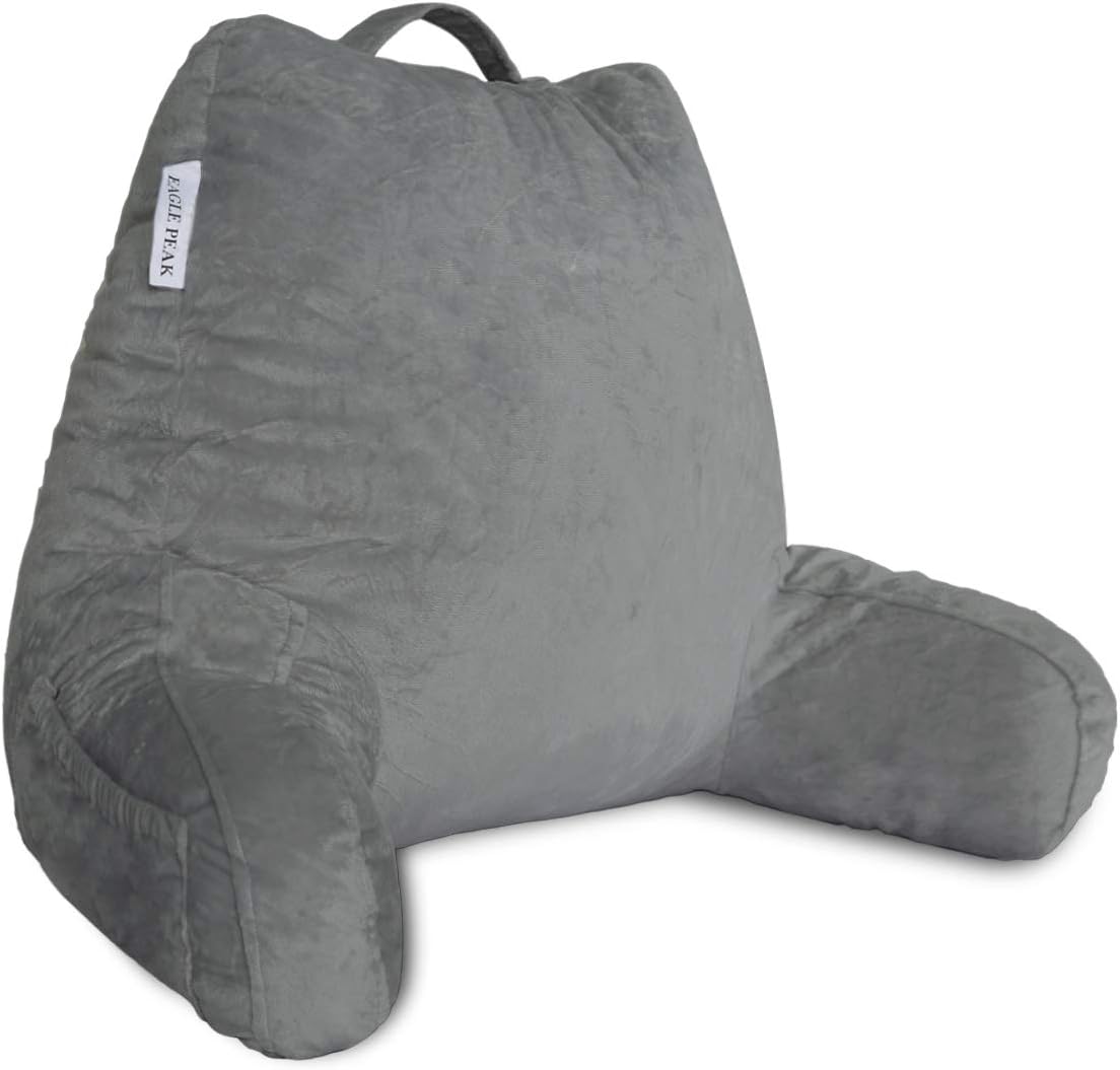 EAGLE PEAK Medium Shredded Memory Foam Reading Pillow, Bed Rest Pillow with Arms and Pockets, Removable Cover, Back Support Cushion for Adults, Teens While Reading, Watching TV, Relaxing (Dark Gray): Kitchen & Dining