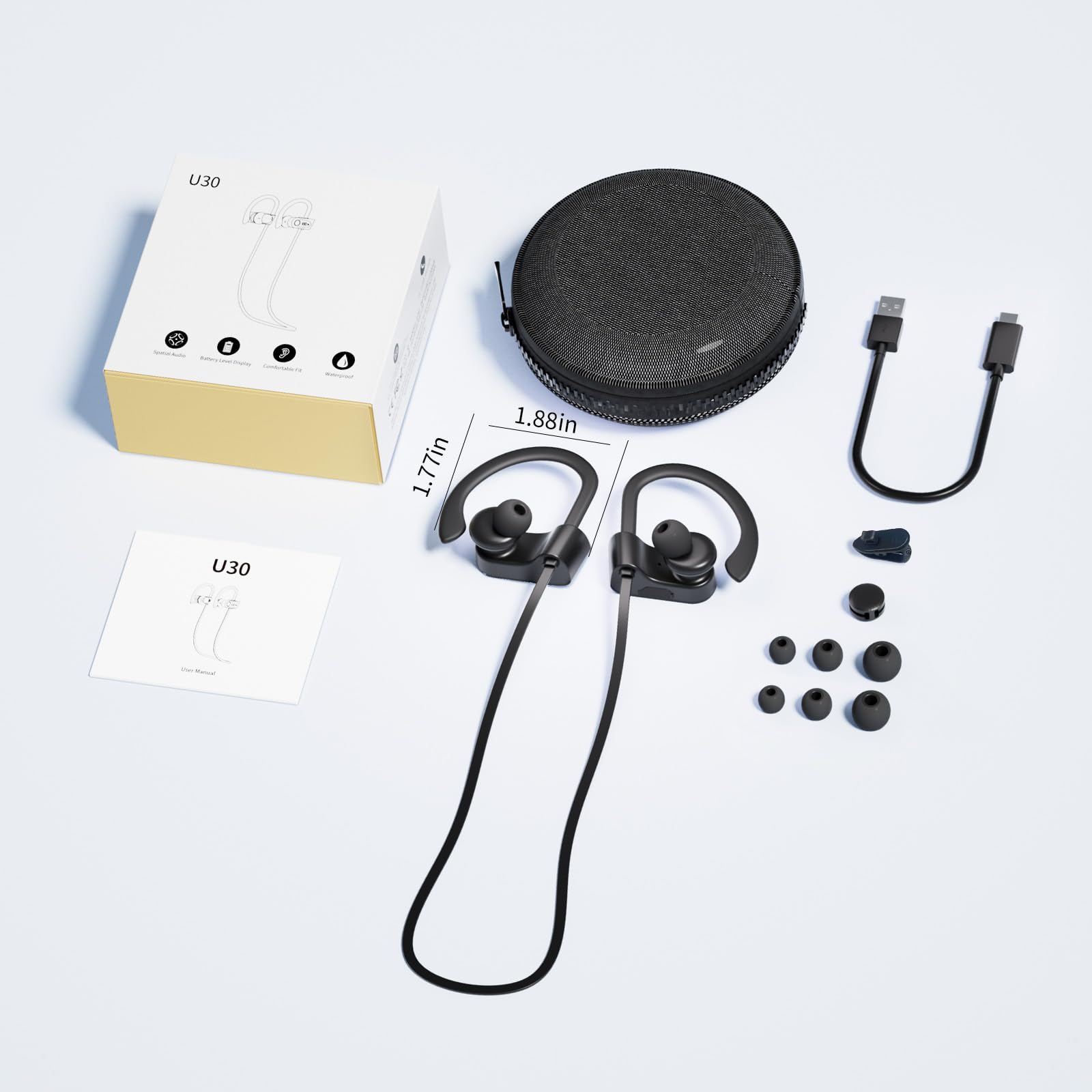 Bluetooth Headphones Wireless Earbuds with Spatial Audio Bluetooth 5.4 IPX7 Waterproof Headphones with Digital Display Deep Bass Stereo Sound Isolation Running Earphones for Sports, Gym, Workout