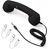 Cell Phone Handset, Retro Receiver for Calls, 3.5 mm with USB-C/Lightning | Retro wired handset with 3.5 mm plug, USB-C and Lightning adapters for Calls, Meetings &amp; Video Conferences (Black)