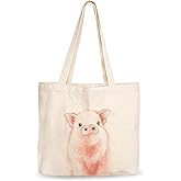 Canvas Tote Bag, Animal Design, Heavy Duty Gusseted, 100% Natural Cotton, for Shopping, Grocery, Laptop (T-PIGGY-XL)