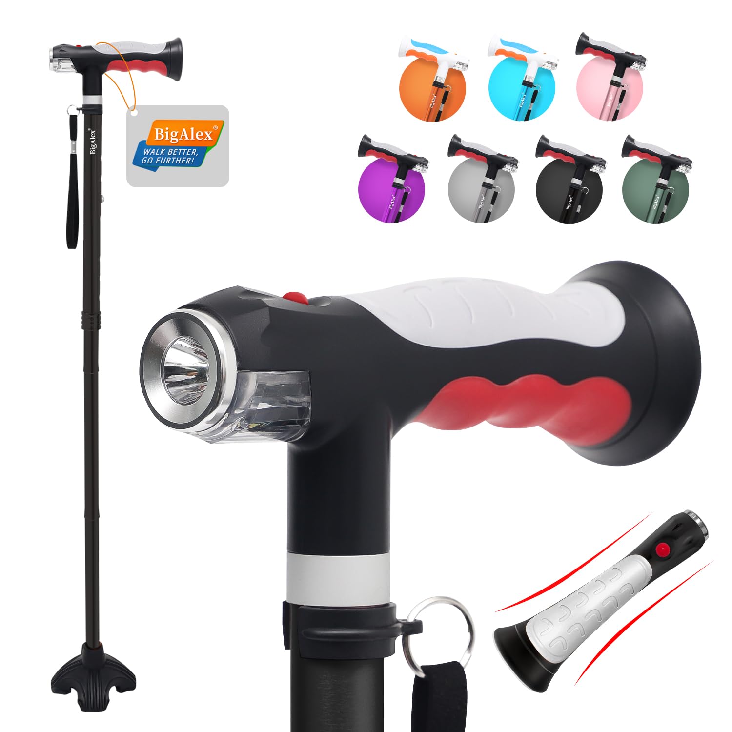 BigAlex Folding Walking Cane with Two Led Lights for Elderly Solid Base Adjustable Walking Stick with Carrying Bag for Men Women