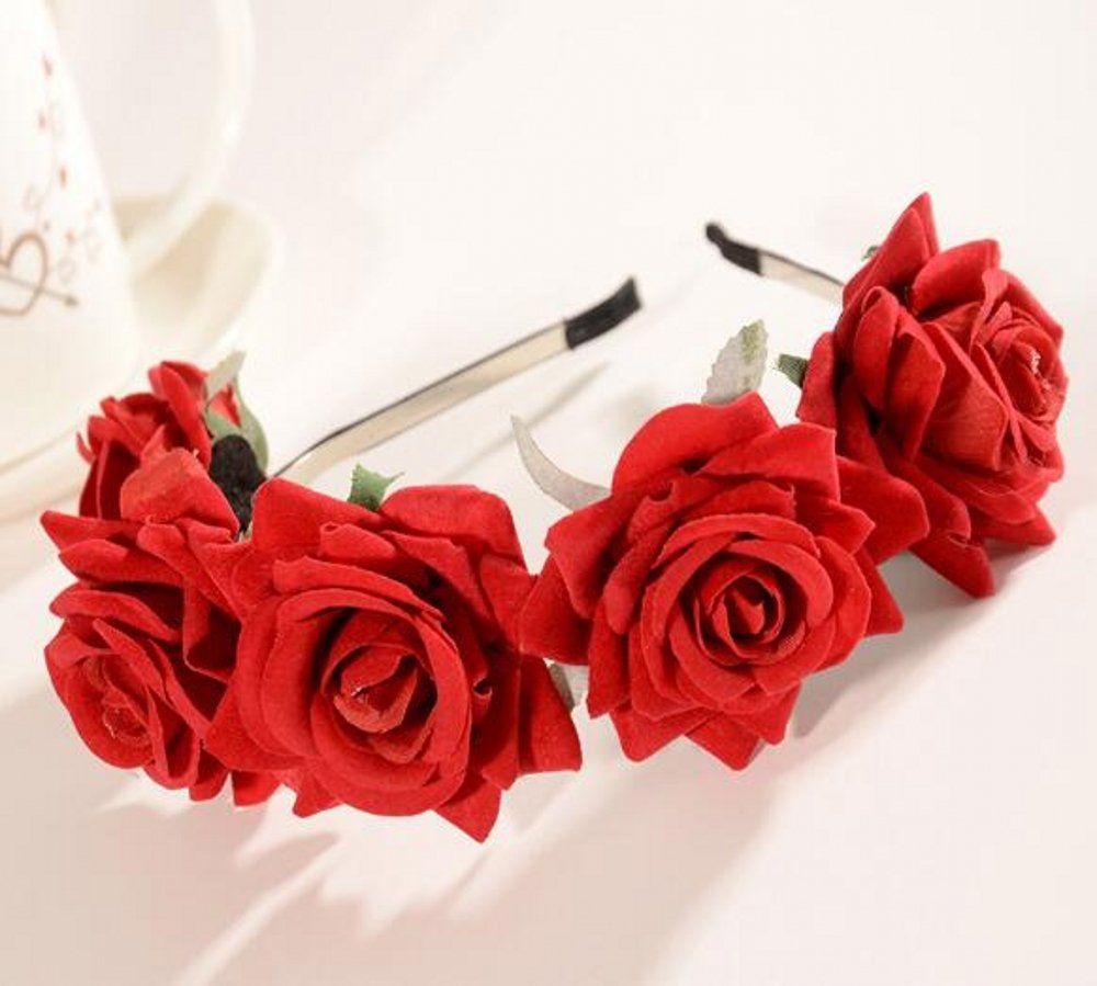 CHSYOO Red Headband - Ladies & Girls Flower Tiara - Wedding & Party Accessory - 5 Roses - Elastic & Comfortable