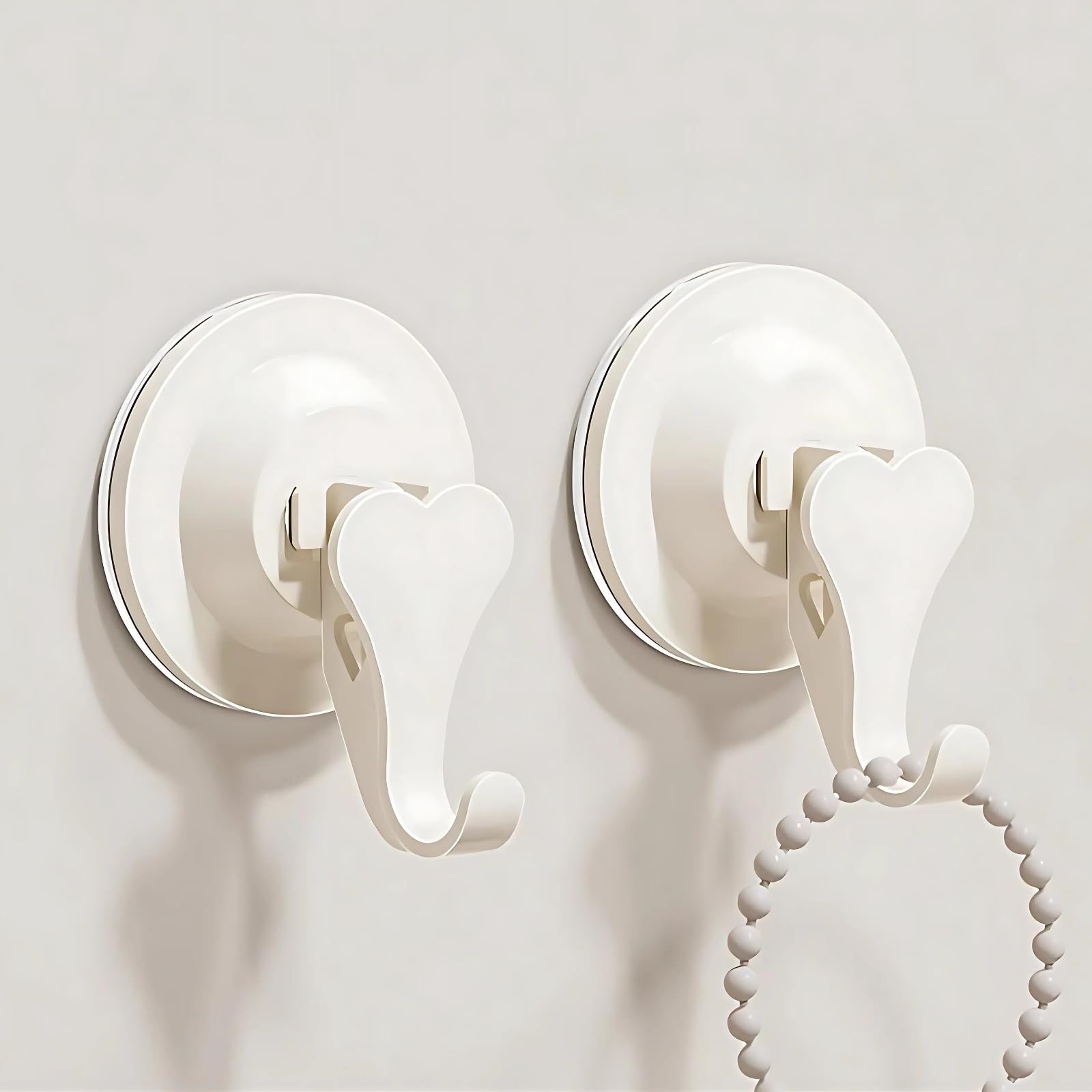 Boxonly Suction Cup Hooks for Shower, Heart Shape for Hanging in Shower, Mounting on Glass, Tile, Mirrors, or Metal Surfaces - Cream (2 Pack)