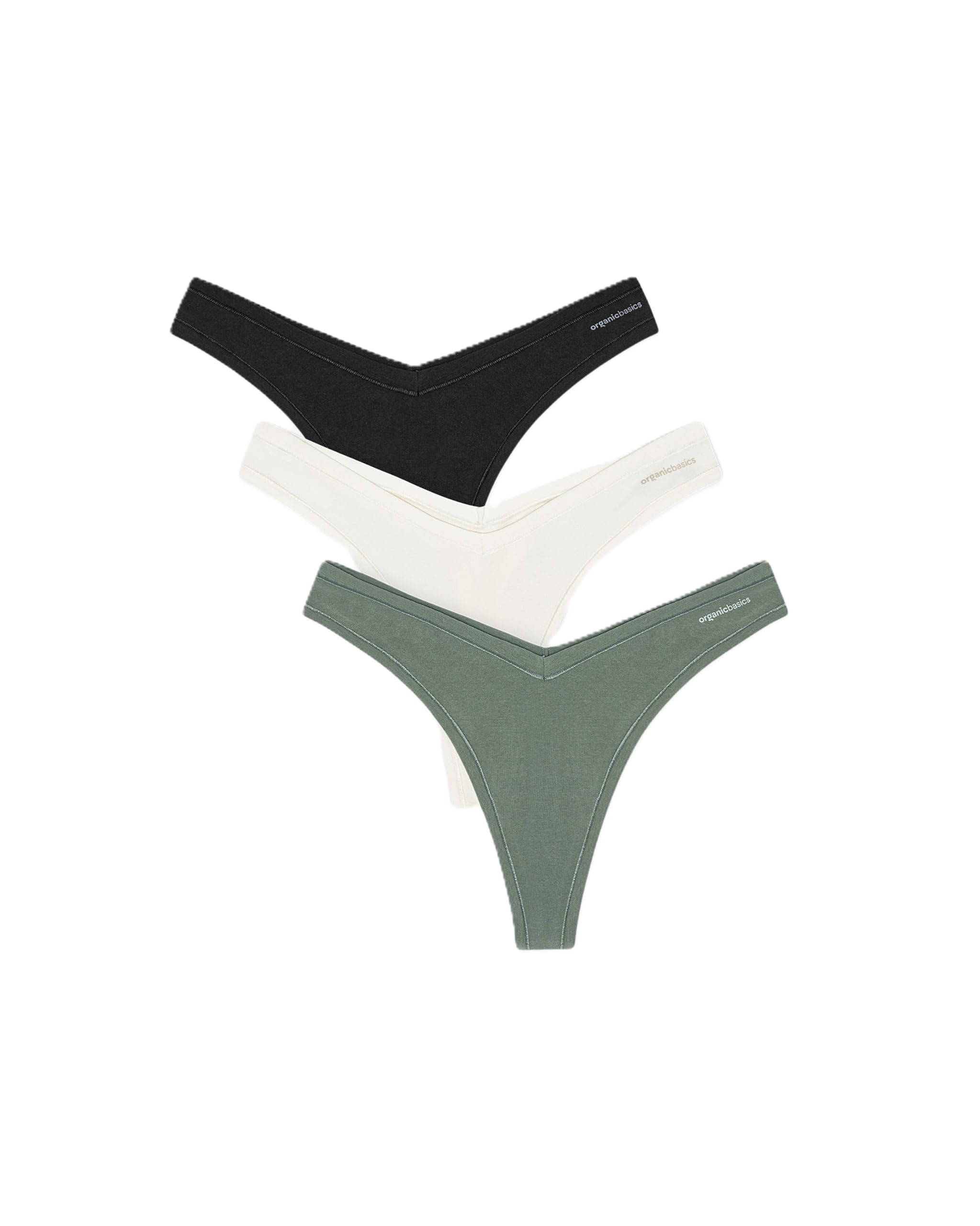 Organic Basics Womens Flex Organic Cotton Thong Underwear 3-Pack, Black/Off White/Seaweed, X-Small