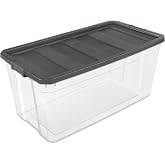 Sterilite 200 Quart Clear Plastic Modular Stacker Storage Bin Tote Container with Latching Lid, Clear Base, and Textured Sure-Grip Surface, Flat Grey