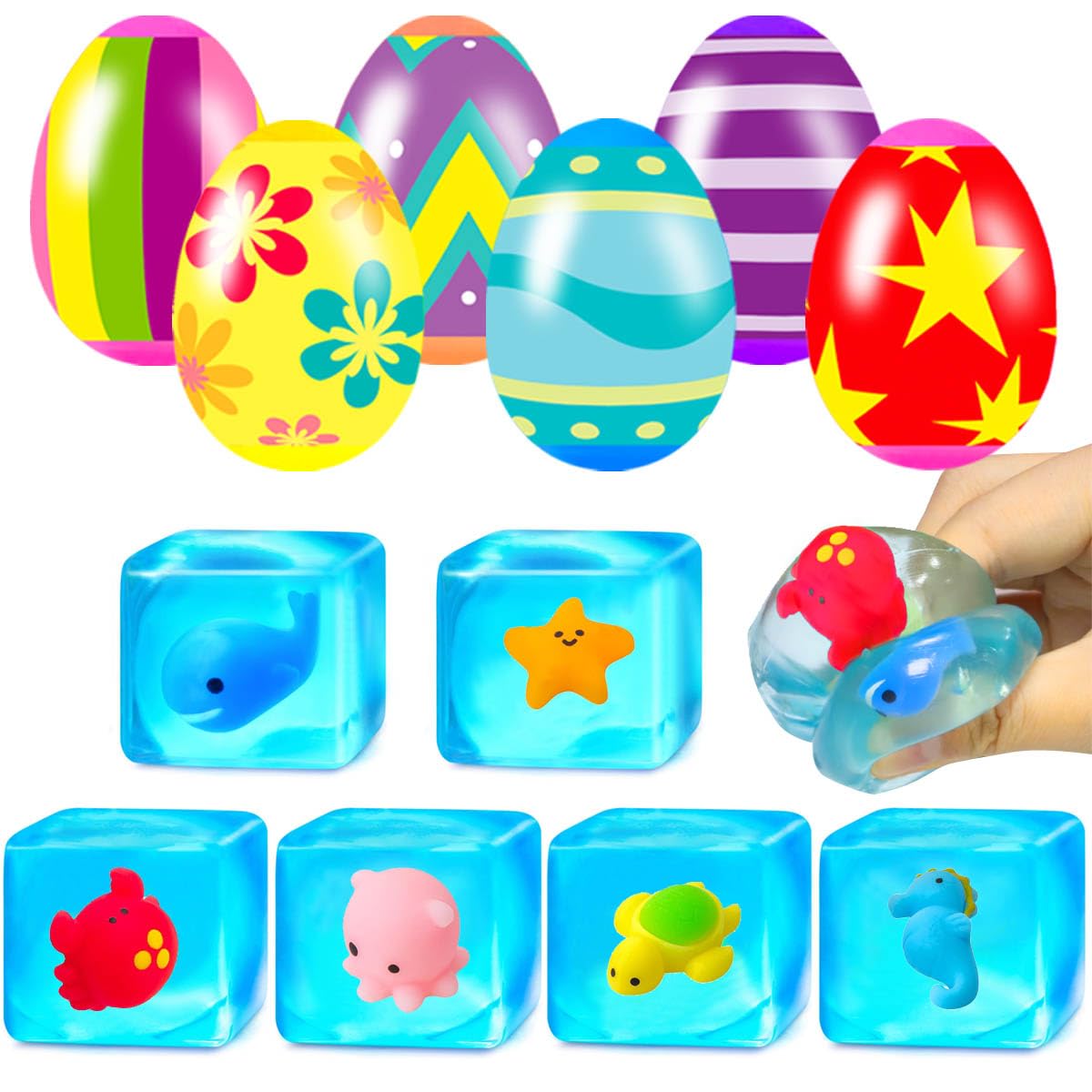 6 Pcs Squishy Stress Nice Cube Fidget Toys with Easter Eggs Sensory Squeeze Toys for Kids Boys Girls Easter Basket Stuffers Egg Fillers Party Favors