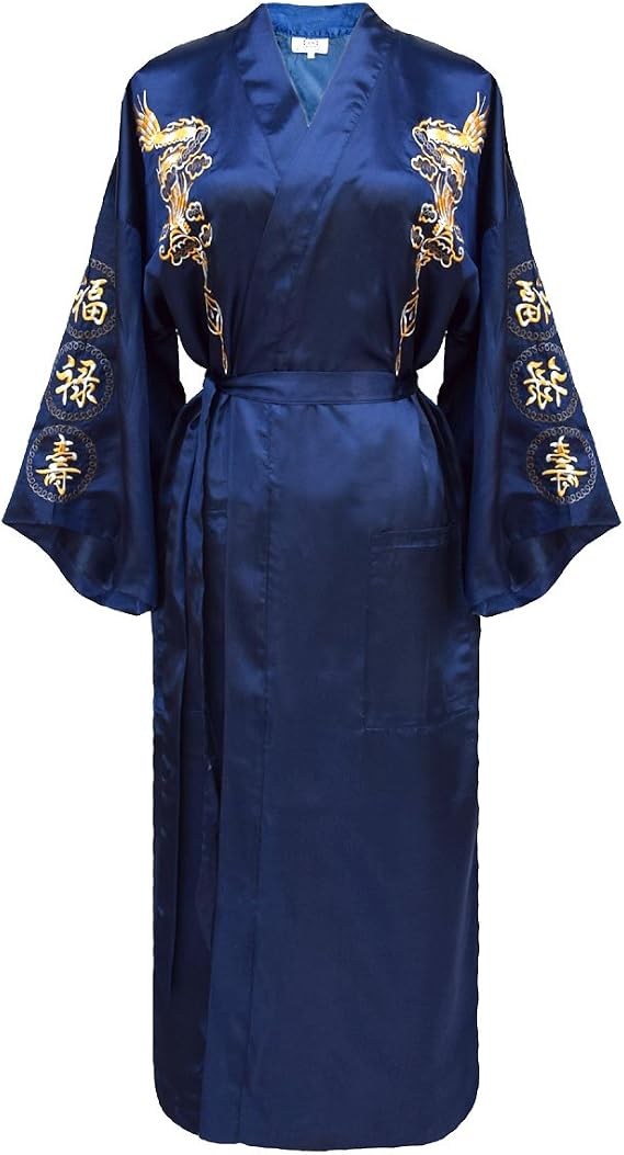 Chinesischer Kimono Für Herren – Bestickter Seidensatin-Mantel Mit Drachen-Motiv, V-Ausschnitt