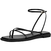 DIFEMA Womens Flats Sandals Square Toe Strappy Ankle Strap Flats