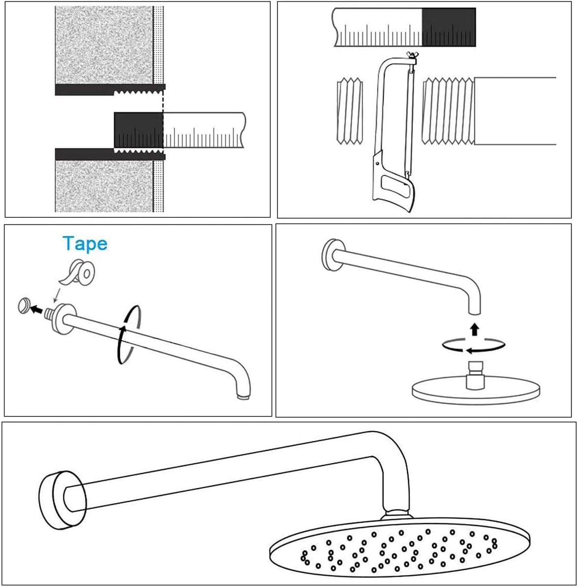 Shower Arm Accessories,CHENKEE 41 cm Stainless Steel Shower Head Arm Bathroom Extension Tube Copper Holder Silver Polished Chrome Head Extension Rod With 2 roll PTFE Seal Tape for Rainfall Shower Head - Image 5
