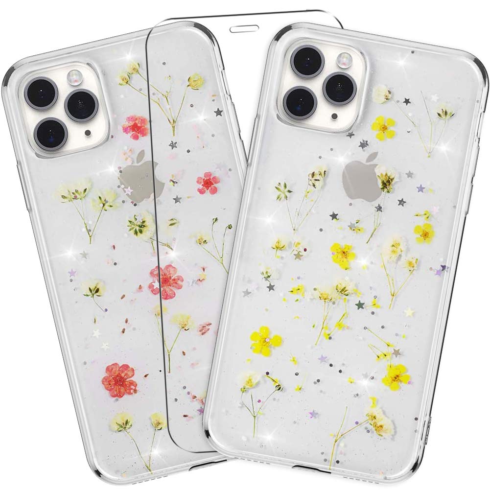 MadBee [2 Packs Compatible iPhone 11 Pro Max Case 6.5 Inch [with Tempered Glass Screen Protector], Dried Flowers Clear Sparkle Glitter Soft TPU Silicone Gel Case Cover - Yellow + Red