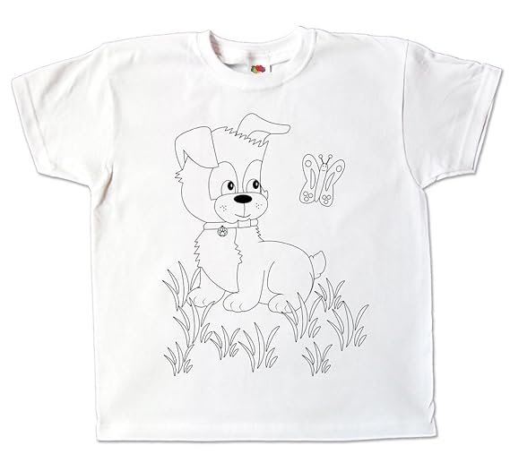 Kinder T-Shirt Hund weiß zum ausmalen und bemalen mit Vordruck Kindergeburtstag Kindergarten oder als Mitgebsel für Jungen un