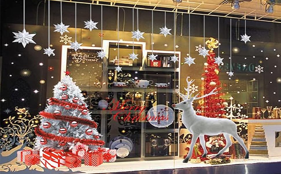 YULOONG Christmas Windows Static Stickers Clings Removable Vinyl Santa Claus Christmas Tree Snowman Snowflake Deer DIY Wall Window Door Mural Showcase Decal Sticker