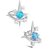 Blue Opal Round Moissanite Star Earrings, Solid 925 Sterling Silver with Gold/White Gold Plated Space Stud Earring, Galaxy Planet Space Earrings for Her/Him, Birthday Christmas Anniversary Jewelry