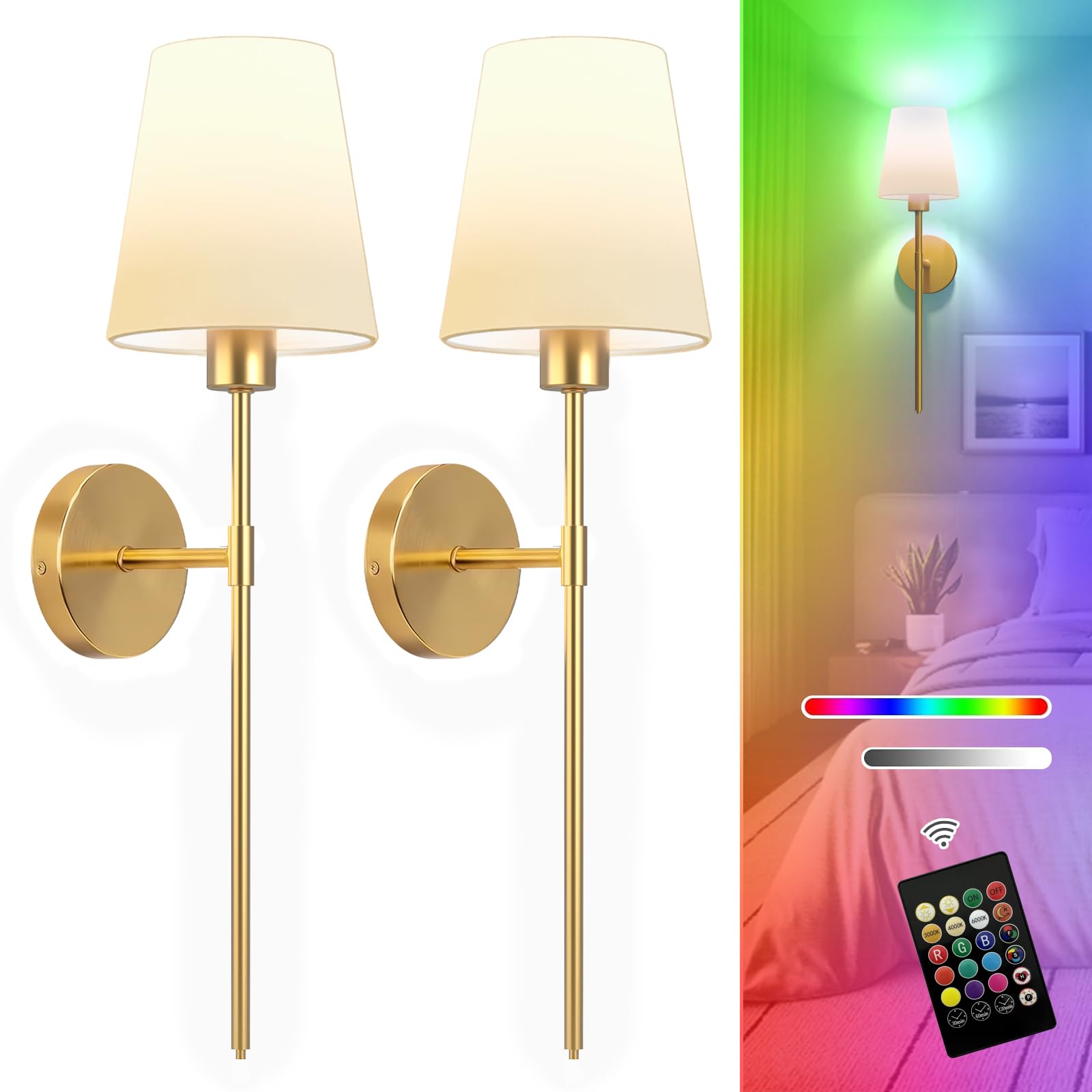 Photo 1 of ***Missing parts***Battery Operated Wall Sconces Set of Two, Gold Wireless Wall Lights with 5200mAh Dimmable Bulbs and Remote, 12 Color Rechargeable Wall Sconce for Bedroom Living Room Hallway, 24 Inch