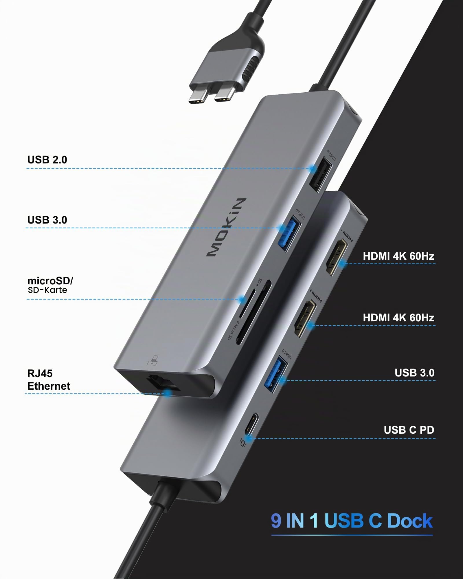 MOKiN MacBook Pro Dockingstation mit dual Monitor und hdmi Adapter, 9 in 2 USB-C Adapter für MacBook Pro Air, Mac HDMI Dock Dongle, USB-C auf HDMI Ethernet 3X USB SD/MicroSD 100W PD 2