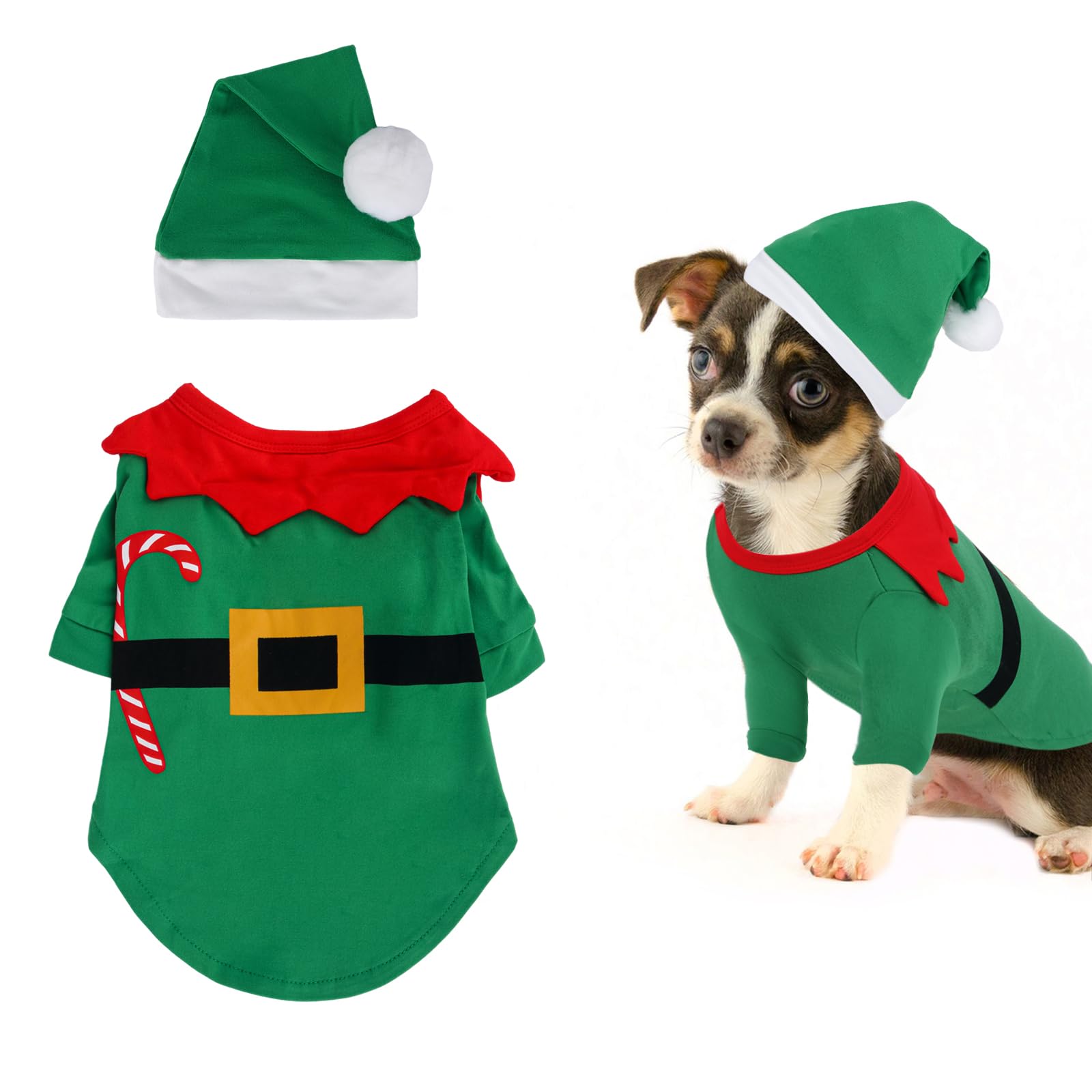 Fadcaer Christmas Pet Costume Dog Outfit with Hat - Santa Claus & Elf Styles - Green M