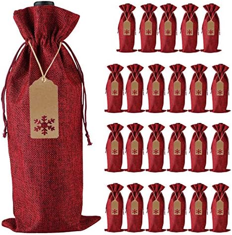 Burlap Wine Gift Bags, 24 Pcs Jute Drawstring Wine Bottle Covers with Tags and Ropes for Christmas Wedding, Travel, Birthday