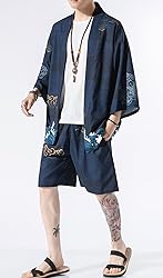 Ambcol Men's Japanese Style Kimono Tops Shorts Sets