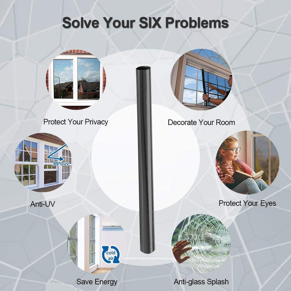 Dolwis Store One Way Window Film Daytime Privacy Static Cling Self Adhesive House Film Glass Window Tint Heat Control Mirror Film (Black Silver, 35.4 Inch x 13.1 Feet)