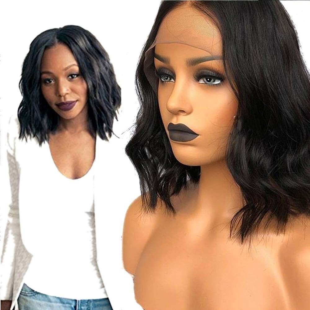 8A Brazilian Remy Remi Natural Wavy Short Bob Lace Front Hair Wigs for Black Women Glueless Lace Wig with Baby Hair Full Pre Plucked Natural Hairline 150% Density (10inch, Natural Black)