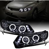 Ronnin - Fits 2006-2011 Honda Civic 2D Coupe Dual Halo Projector Headlights | Dual Angel Eye Halo Ring, LED Driving Lights, Headlights Assembly Pair | Black Smoke