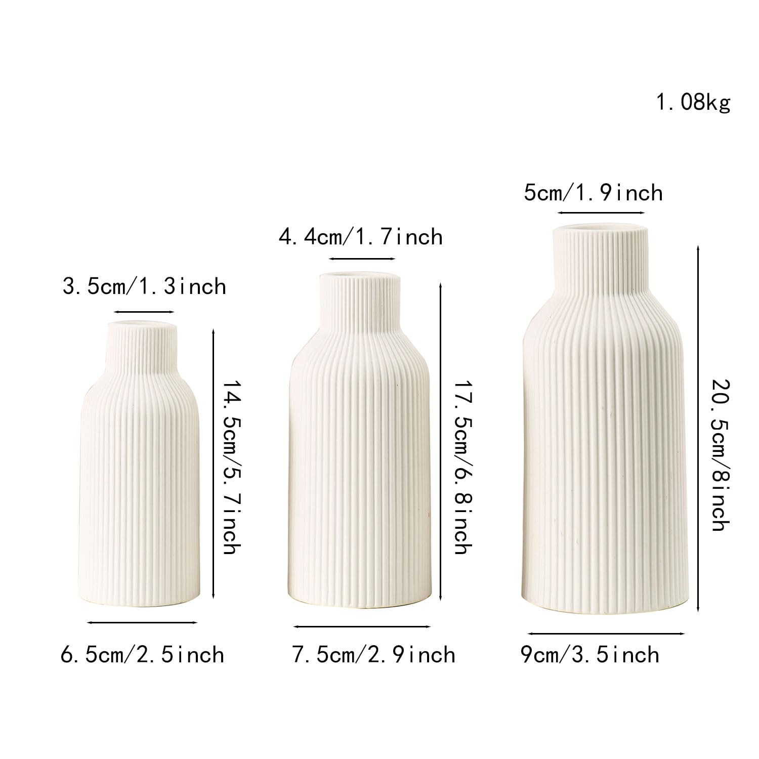 HEGELDA Vase, White Ceramic Vase Set of 3 - Minimalist Modern Home Decor for Desk, Shelf, and Table - Aesthetic Flower Vases for Entryway, Mantle, and Bookshelf (8" H, 6.8" H, 5.7" H) - Image 2