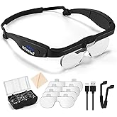 Dilzekui Magnifying Glass with Light 1.5X to 5.0X, Rechargeable Magnifying Glasses Head Magnifier, Lighted Magnify Glass with 4 Detachable Lenses, Magnifier Headset for Close Work Hobbies Jewelry