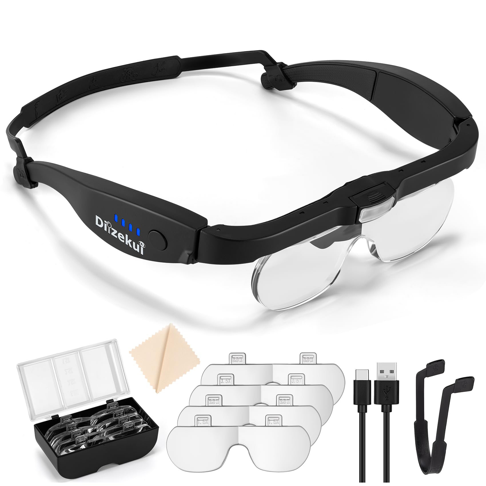 OKH Hands Free Wearable Rechargeable 2.0X Magnifying Glasses With LED Light, Lighted 200% Magnifier For Hobbies,Reading,Close Work