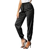Allegra K Women's Satin Pants Drawstring Elastic Waist Straight Leg Ankle Length Dressy Joggers with Pocket