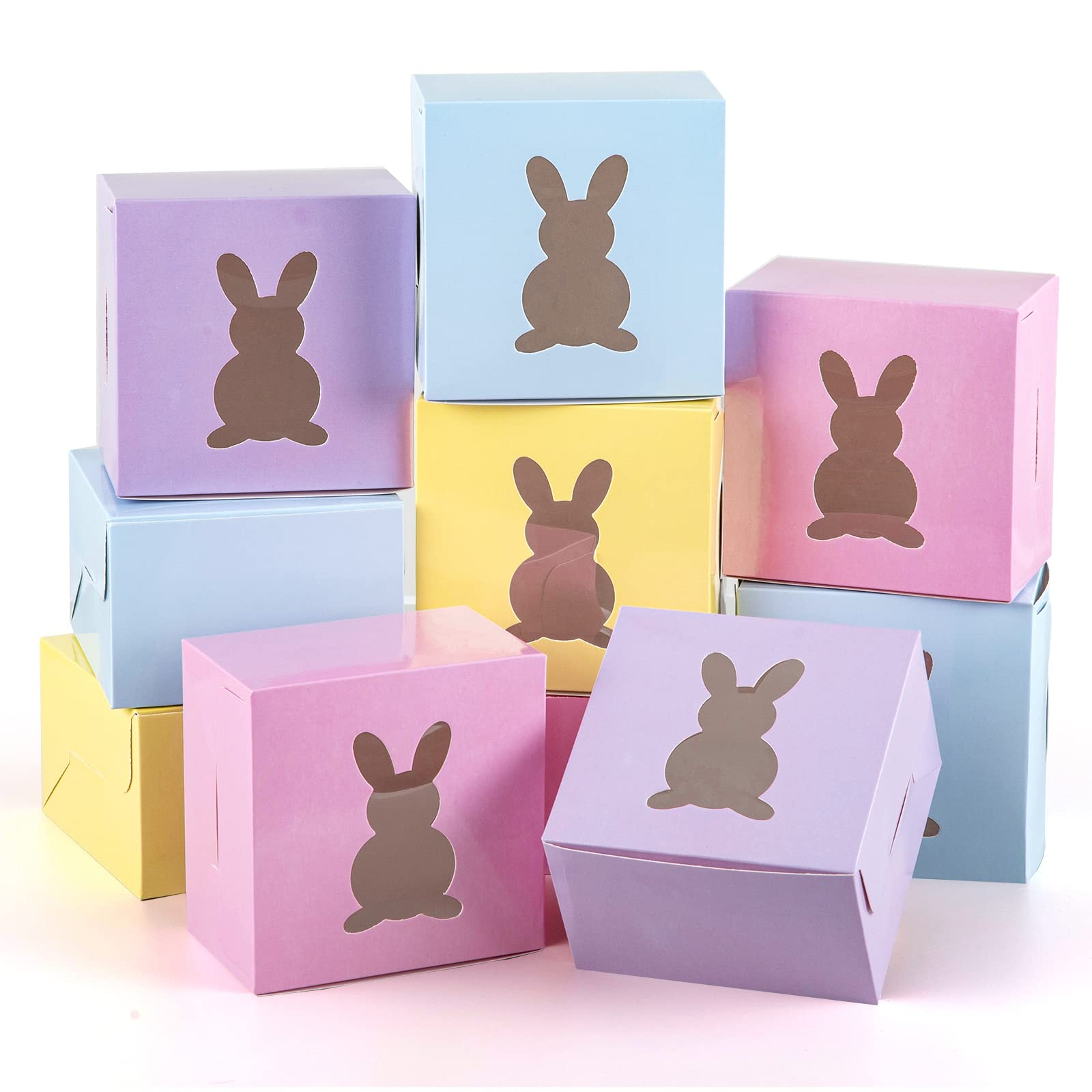Whaline 24Pcs Easter Treat Boxes 4 Candy Colors Cardboard Box with Rabbit Bunny Shape Window Pink Blue Yellow Purple Spring Holiday Paper Gift Container for Cookie Goodie Candy Sweet Party Favors