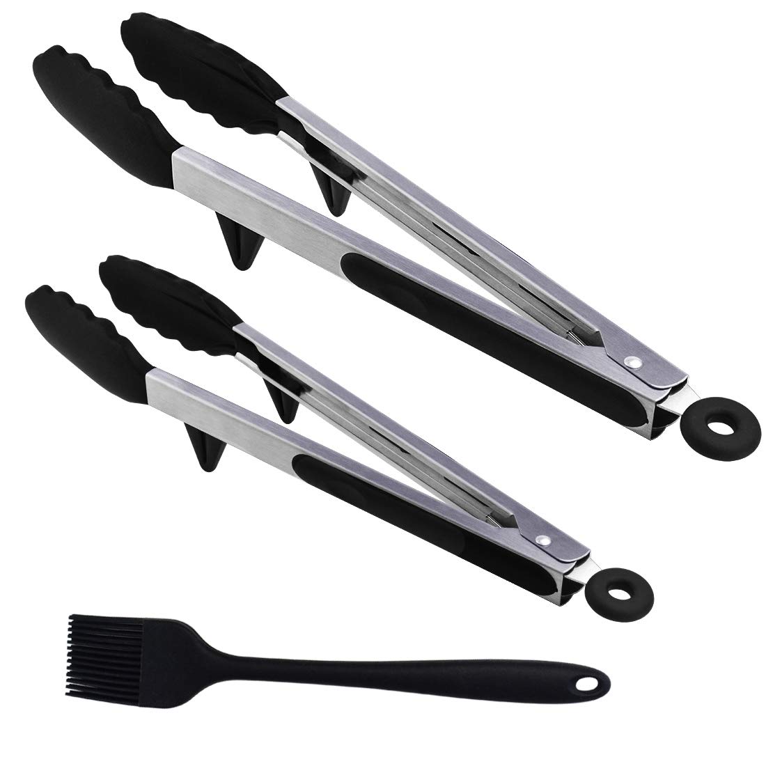 KKTOP Stainless Steel Silicone BBQ/Kitchen Tongs, Salad Tongs with Silicone Tips with Silicone Basting|Pastry Brush, Non-Stick, 9\