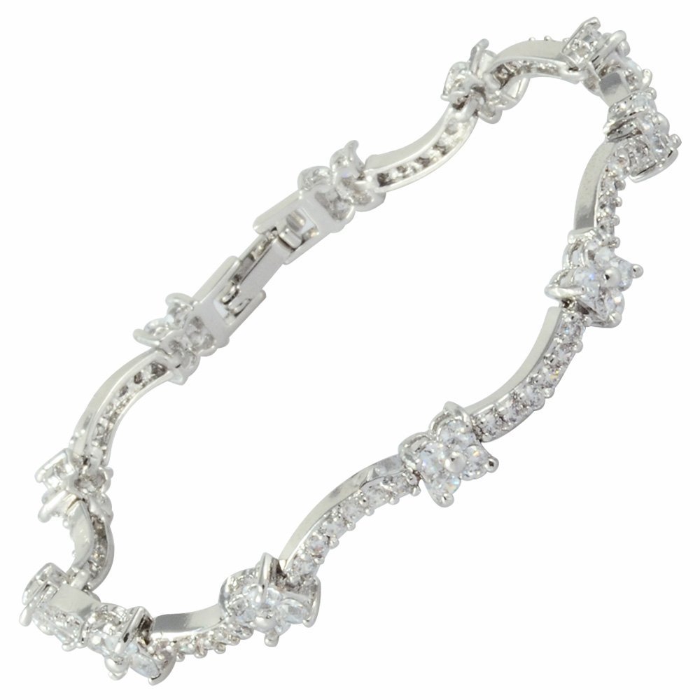 RIZILIA Blossom Tennis Bracelet [18cm/7inch] with Round Cut Gemstones CZ [White Topaz] in 18K White Gold Plated, Simple Modern Elegance