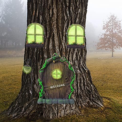 Glowing fairy door set in a tree for backyard fairy garden, priced at $17.99.