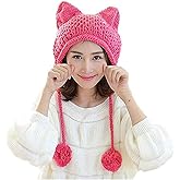 ALLDECOR Hot Pink Pussy Cat Beanie for Women's March Knitted Hat with Pom Pom Ear Cap