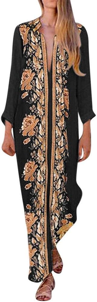 Kaftan Dresses for Women Boho Loose Tropical Oversized Sundress Pleat Tunic V Neck Long Maxi Dress JHKUNO