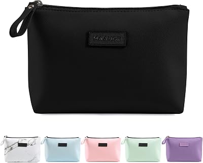 Maange Small Cosmetic Bag PU Leather Travel Pouch with Handle Black