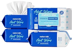 MATERN'ELLA Adult Wet Wipes, Cleansing Wash Cloths for Elderly Care, 99% Pure Water for Incontinence, Personal Bath, Alcohol-Free, 4 Flip-Top Packs(320 Wipes Total)