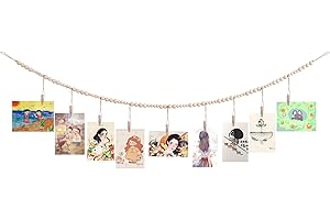 QXUJI Wall Hanging Photo Display with Wooden Beads Garland, Collage Picture Frame for Boho Wall Decoration, Photo Holders with 9 Wood Clips, for Rustic Country Decor, Home, Nursery Room, Dorm Decor