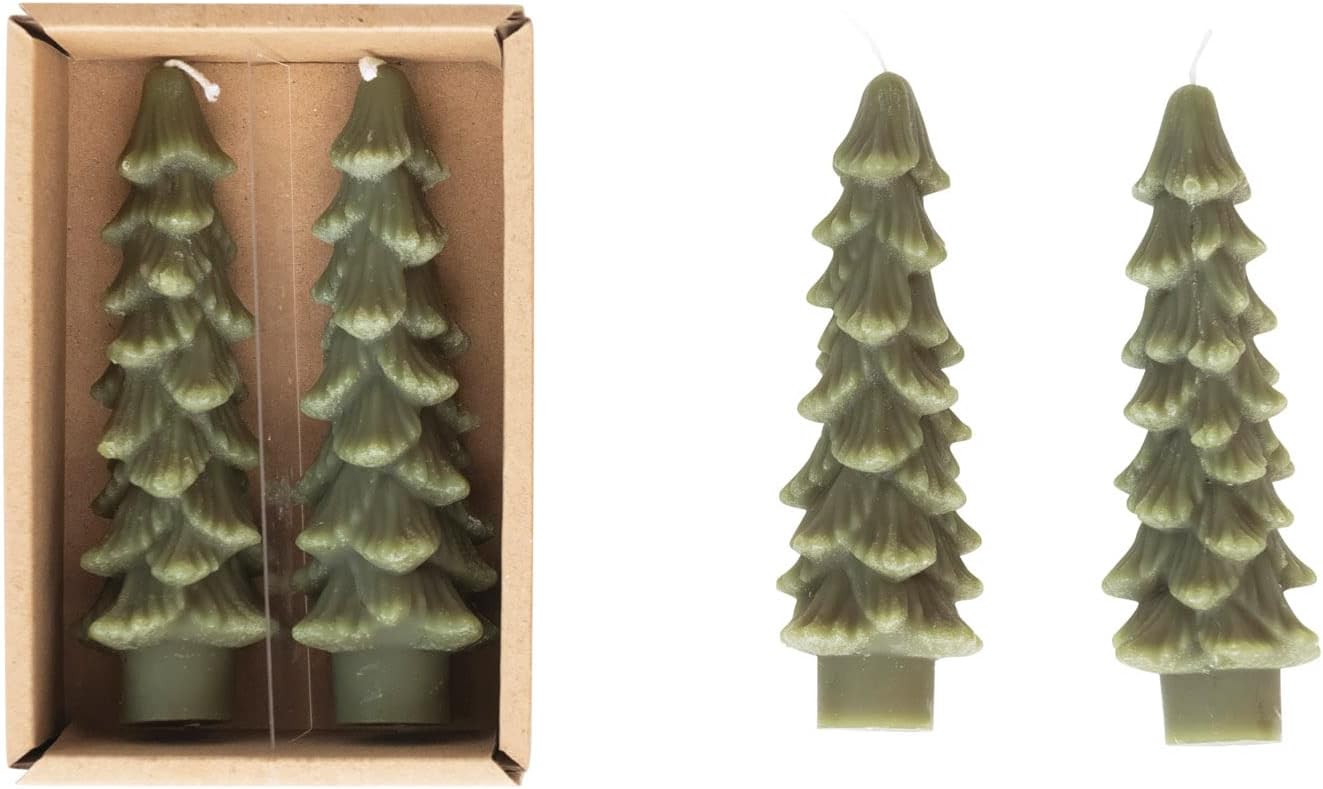 Candles & Holders - Creative Co-Op Unscented Tree Shaped Taper Candles, Evergreen, Boxed Set Of 2