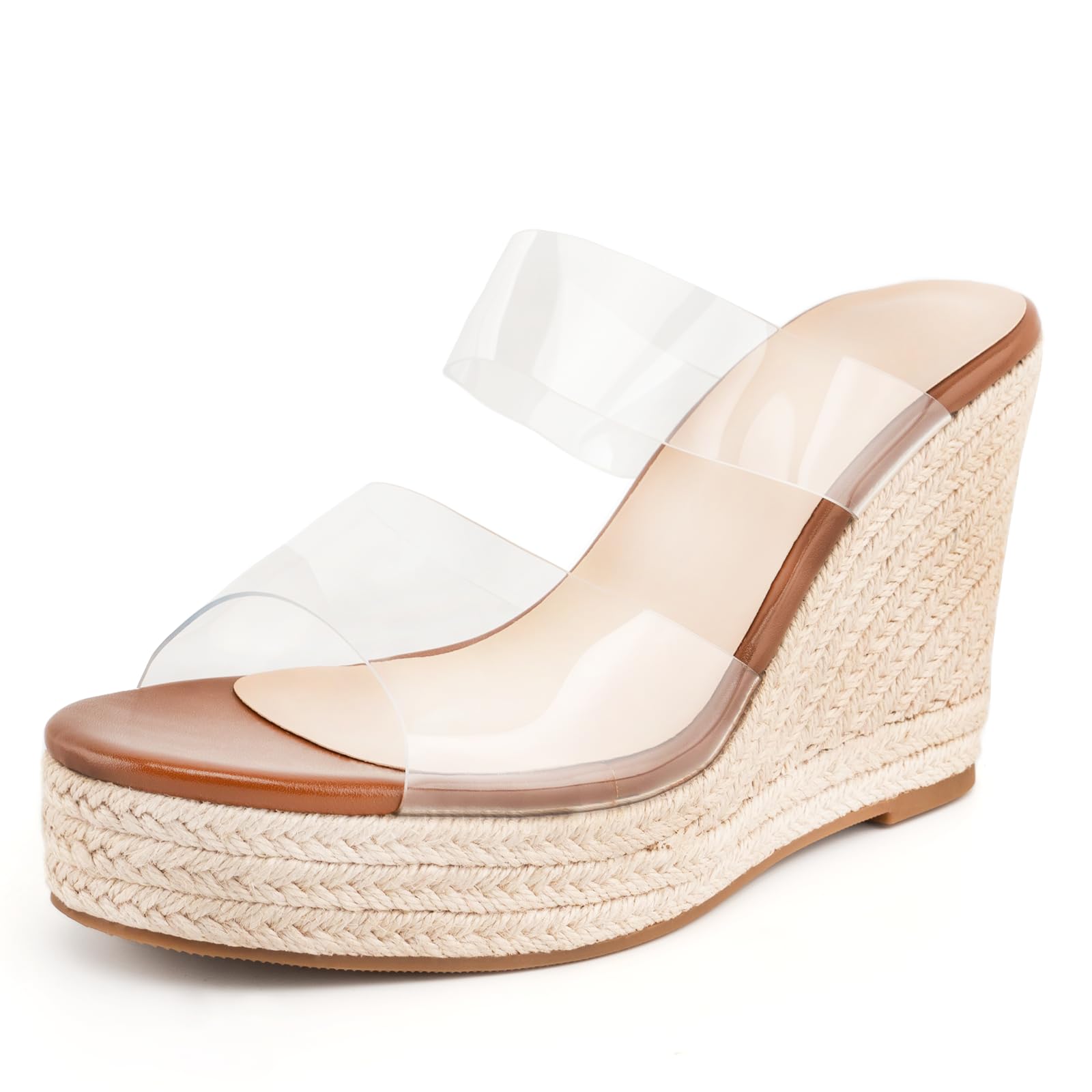 Photo 1 of WIRALOMI Women Clear Wedge Heel Sandals Slip On Espadrilles Platform Sandals Slide Summer Beach Crystal Mules Sandals, Brown 7